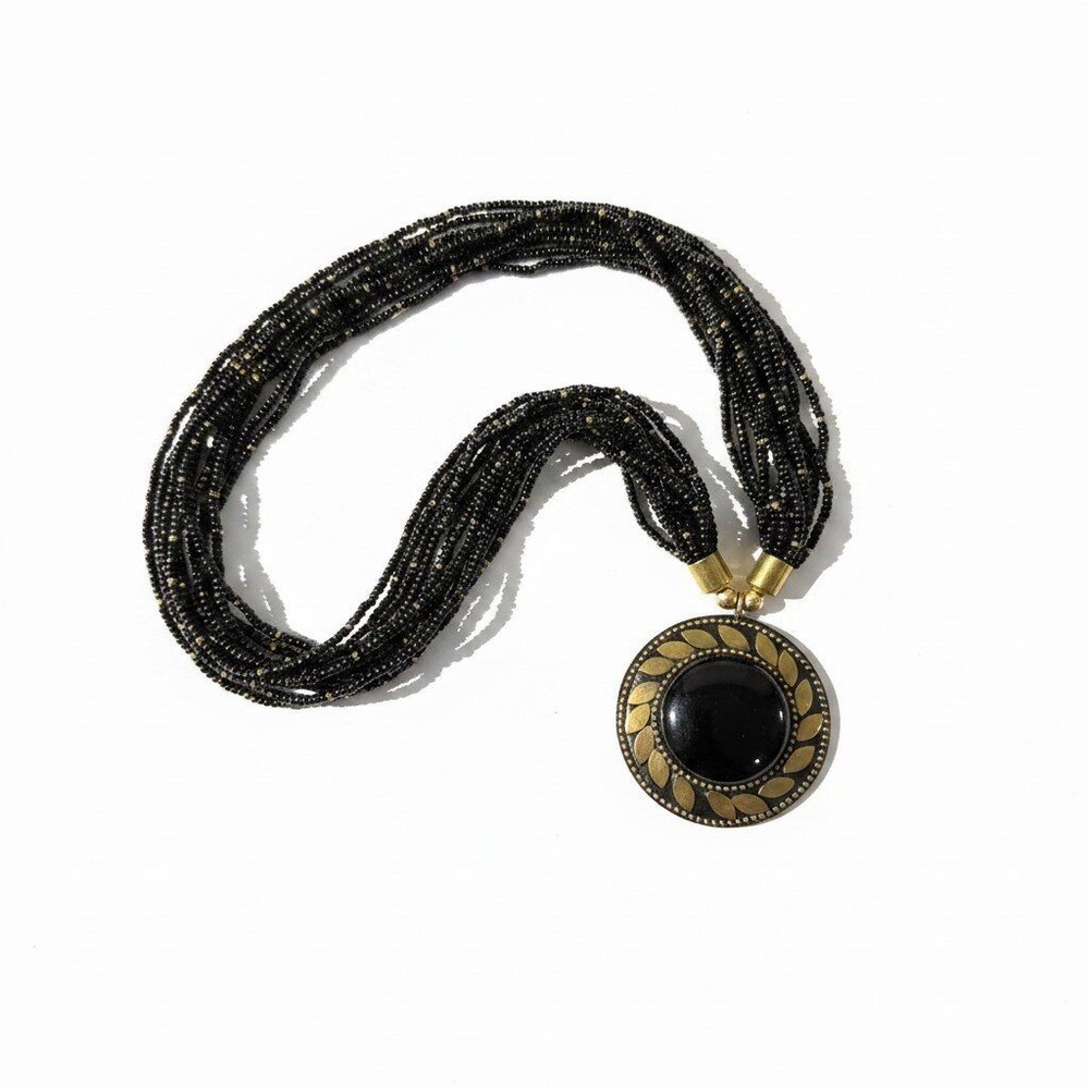 Womens‎ OS Black Gold Multi Strand Seed Bead Statement Necklace Vintage Boho